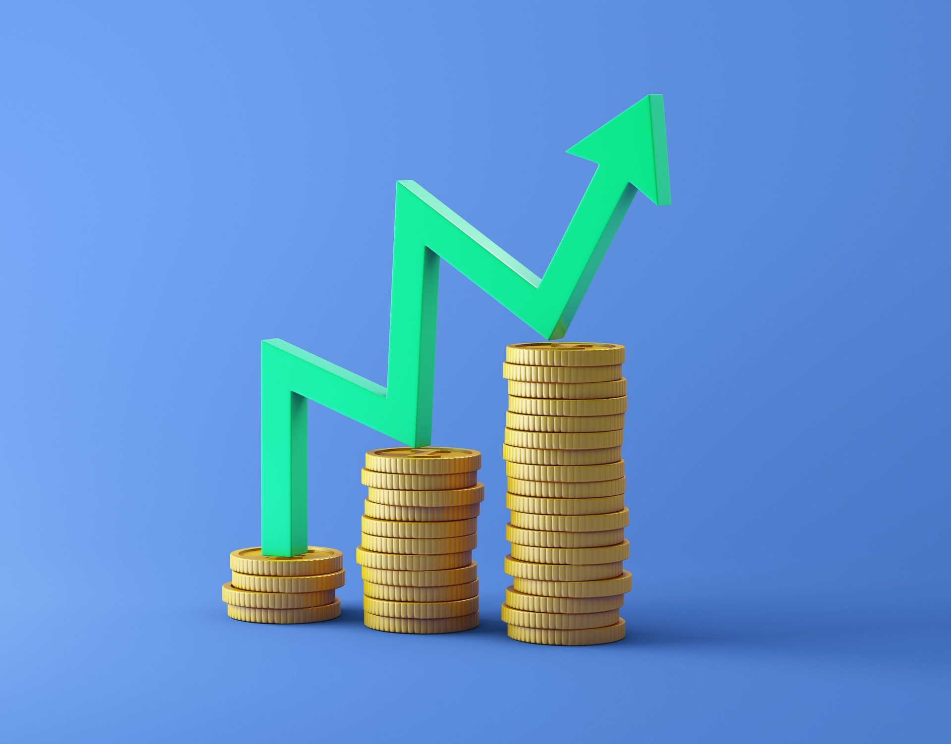 Pilas de monedas y gráfico gráfico sobre fondo azul